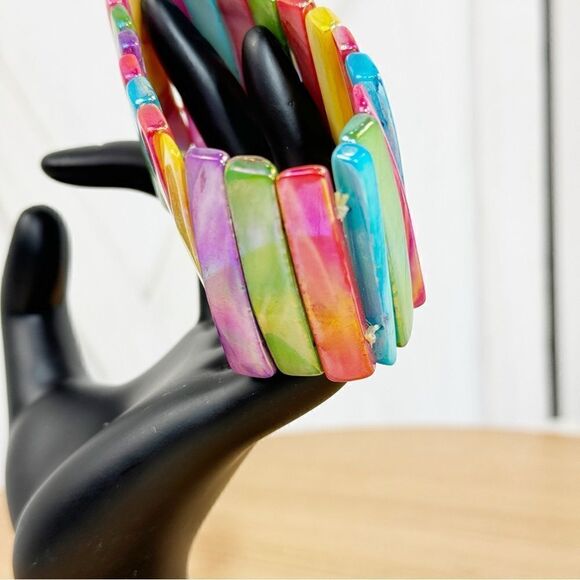 Mother Of Pearl Abalone Luster Seashell Elastic Stretch Cuff Bracelet Rainbow - Picture 4 of 9